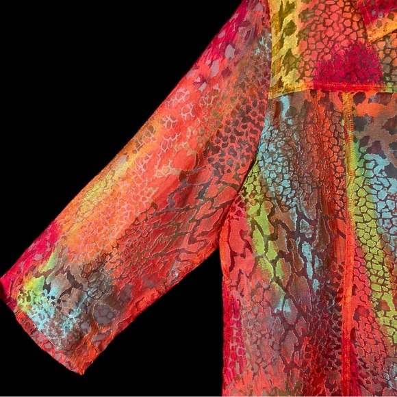 Rainbow Animal Print Top Size Medium Semi Sheer Button Blouse 3/4 Slv Leopard - Picture 4 of 10